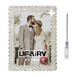 UFAIRV 8x10 Wedding Picture Frame With Pearl And Crystal Decor , Silver Plated Photo Frames With High Definition Glass , Horizontal And Vertical Decor Tabletop Or Wall Mounting Display For Bedroom