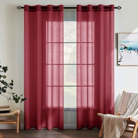 EMEMA Set of 2 Sheer Voile Curtains with Eyelets Transparent Voile Polyester Eyelet Curtain Transparent Living Room Airy Decorative Curtain for Bedroom 140 x 137 cm Red