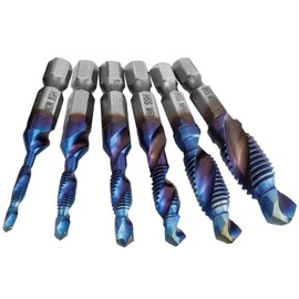 Mesee 6 Pieces HSS Tap Drill Bit Set M3 M4 M5 M6 M8 M10 Combination Drill & Taps Bits Hex Shank Blue Coated Spiral Screw Thread Tapping Tools for Drilling, Chamfering and Countersinking
