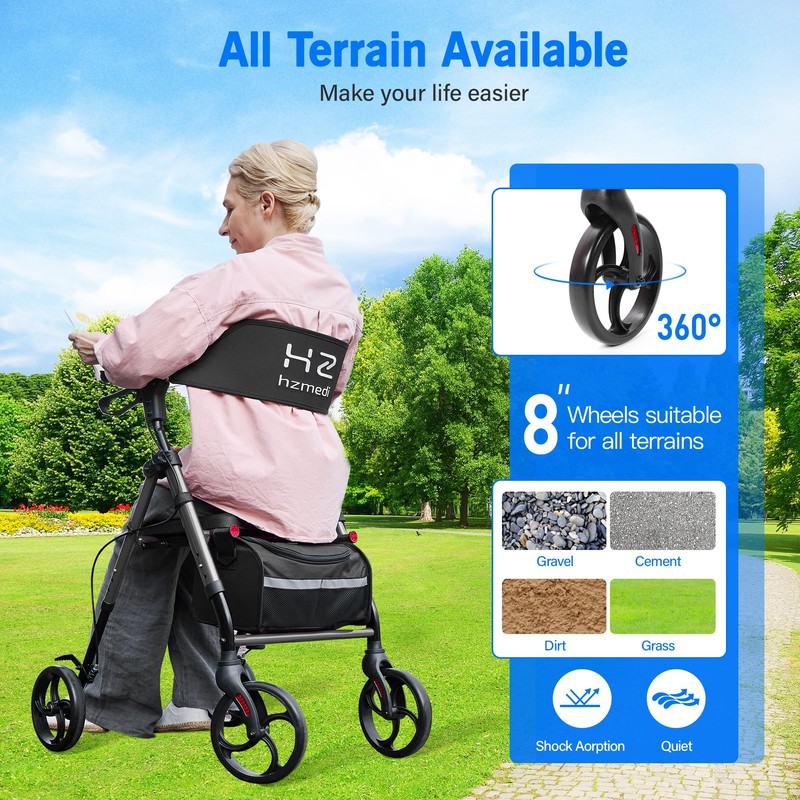 Walkers for Seniors with Seat, 8" Big Wheels Folding Adult