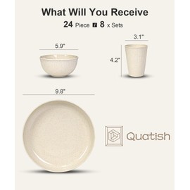 Quatish 24 Piece Wheat Straw Dinnerware Sets of 8, Kitchen Plates and Bowls Sets, Unbreakable Plastic Dish Set for Camping, Dishwasher Microwave Safe, Kitchen and Dinning Essentials, Beige