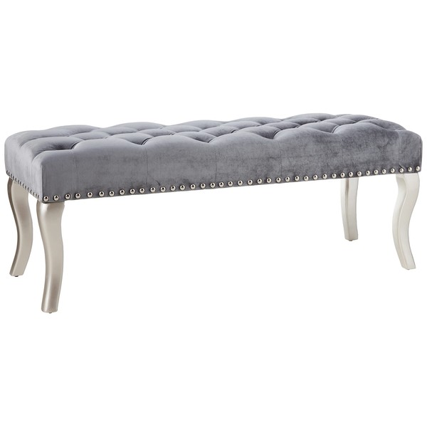 Roundhill Furniture Decor Maxem Tufted Fabric Upholstered Seat with Nailhead Trim Bench, Gray