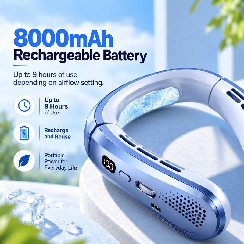 Wearable Neck Fan for Hands-Free Cooling – 8000mAh Rechargeable Design