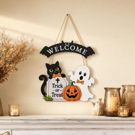 Halloween Welcome Door Hanger, Wooden Farmhouse Front Door Sign with Black Cat Ghost Pumpkin Tombstone, Cute Spooky Halloween Wall Hanging Decor for Indoor Outdoor Decoration.
