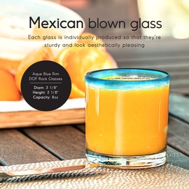 MexHandcraft Aqua Blue Rim 8 oz DOF Rocks Glasses, set of 6, Mexican Handmade Glassware, Recycled Glass, Lead & Toxin Free (DOF Rocks)