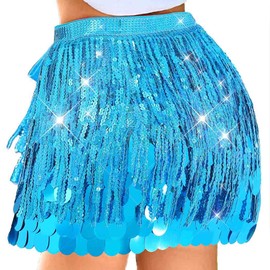 Unicra Gold Sequin Skirt Sparkly Fringe Skirt Glitter Belly Dance Hip Scarf for Women, Light Blue, One Size Short