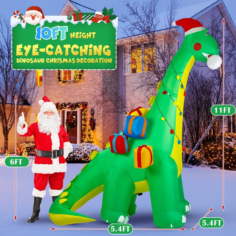 Calmbee 10 FT Christmas Inflatables Decoration, Giant Movable-Head Dinosaur with