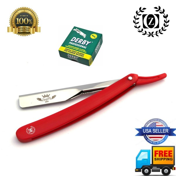 Navaja Shavette Straight Barber Shaving Razor & 100 Derby cuchillas Rojo FREE