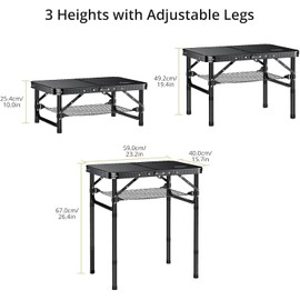 Anbte Folding Camping Table with Storage Net, Pure Black Aluminum 2ft Picnic Table 23.2" x 16" Outdoor Table Adjustable Height Max 27.5", Lightweight, Waterproof, Portable Handle for Travel Cooking