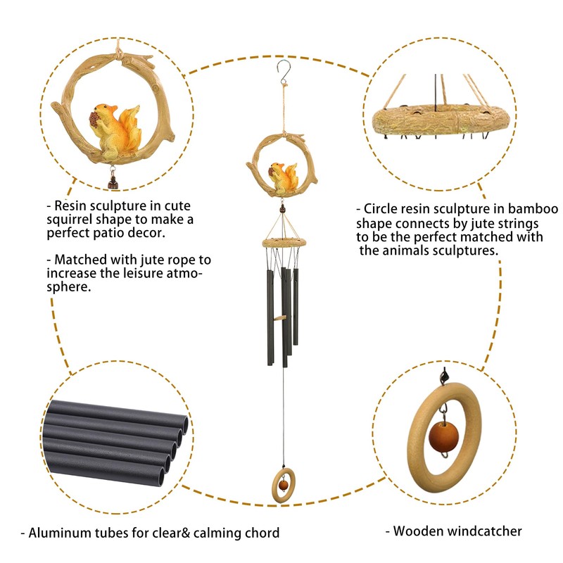Fariita Resin Squirrel Wind Chimes for Outside 33 Inch Hanging