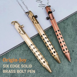Origin-Joy 1 Pack Bolt Action Pen Set, Six Edge Solid Brass EDC Pocket Tactical Pen With 10 Ballpoint Refills (Red Bronze)