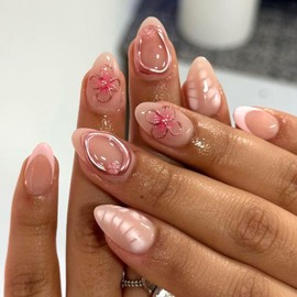 Short Press on Nails Almond Fake Nails with 3D Flowers Designs Pink French Tip Acrylic Nails Press ons Cute Glossy Glue on Nails Full Cover Stick on Nails for Women 24 Pcs