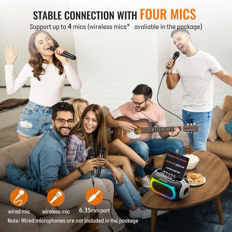 SUDOTACK Portable Karaoke Machine with LED Lights, 2 Wireless Mics,