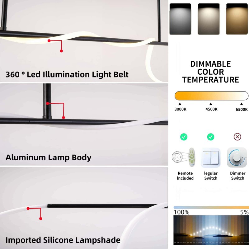 Huilefu Modern Led Chandelier,Pendant Light Remote Dimmable Hanging Light Ceiling