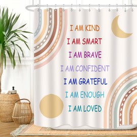 ZXMBF Boho Rainbow Quotes Shower Curtain Colorful Inspirational Positive Kids Teen Girls Abstract Moon Sun Fabric Home Bathroom Decor Waterproof Fabric 72Lx60W Inch with Plastic 12PCS Hooks