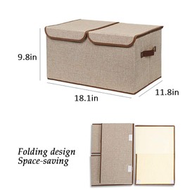 UUJOLY Large Storage Bins Linen Fabric Foldable Basket Cubes Organizer Storage Boxes Drawer with Lid and Handles for Home, Office, Closet, Bedroom, Nursery (Khaki-2pcs)