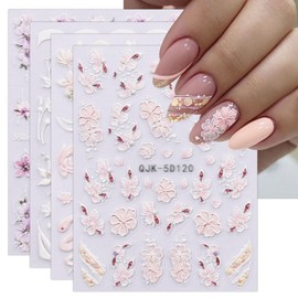 JMEOWIO 3D Embossed Flower Nail Art Stickers Decals Self-Adhesive 5D Spring Floral Summer Nail Supplies Nail Art Design Decoration Accessories 4 Sheets