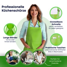 Viamart® - Professional Kitchen Apron - Cooking Apron - BBQ Apron - Adjustable - Catering Quality - 3 Practical Pockets - Unisex: Men & Women - Size: One Size Fits All - Washable at 60°, apple green