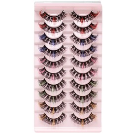 Russian Multi-Coloured D Curl Strip Lashes Coloured Pink Blue Purple Fluffy Wispy Fake Eye Lashes Pack Short Soft Reusable False Lashes 10 Pairs (Mix-02)