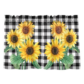 Buffalo Plaid Yellow Sunflower Flower Kitchen Cafe Curtains, 24 Inch Length, Blackout, Short, Light Filtering for Bathroom or Tier Curtains, 2 Panels