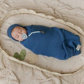 Bleu La La Luxe Collection 100% Organic Luxury Knit Baby Blanket + Hat Set (Denim Blue)