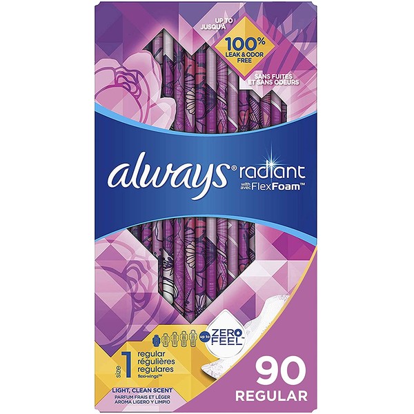 Always Radiant Feminine Pads for Women, Size 1, 90 Count, Regular Absorbency, Light Clean Scent (30 Count, Pack of 3 - 90 Count Total)
