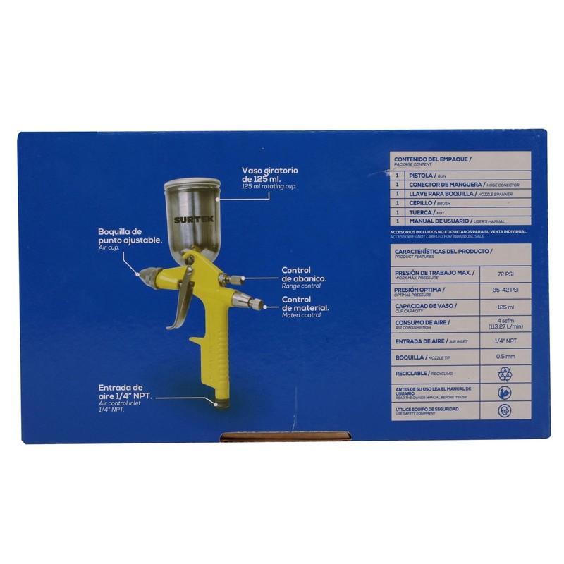 Surtek PPG4 Pistola mini para pintar terminados, capacidad 125 ml,