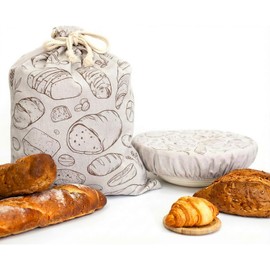 Verigud Large Reusable Linen Bread Bag and 10'' Bowl Cover with Plastic Liners for Bread Storage & Sourdough Proofing