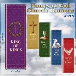 FuWeave 5 Pcs Christian Church Banners 2ft x 6ft Church Banners Names of God with Scripture Sanctuary Religious Hanging Sign for Wall Welcome Backdrop Communal Prayers Christmas Gift
