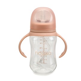 nouka Tritan Plastic Transitional Sippy Cup with Weighted Straw | Leak Proof and Easy Grip | Removable Handles | Soft Blush