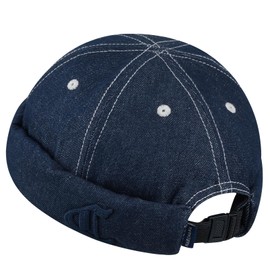 Clakllie Denim Cotton Docker Cap Men's Embroidery Sailor Hat Hip Hop Docker Hat Adjustable Harbour Cap Without Peak Rolled Cuff Fishing Hat, CDGE-HBMH1-Navy Blue