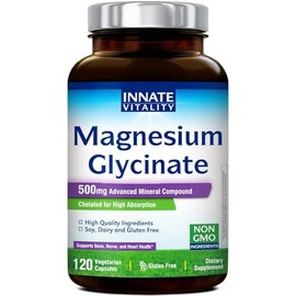 Innate Vitality Glicinato de magnesio 500 mg | Suplemento de magnesio elemental de 70 mg - Alta absorción, sin tampón, sin OMG ni gluten - Vegano - Sa