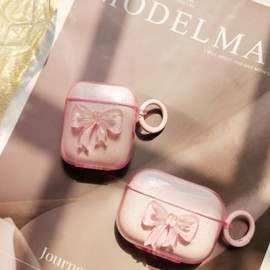 Faneiy for AirPods Pro 1st Generation Case Pink Bow Cute Clear Glitter,Aesthetic Women Girly with Keychain Protective Earphone Cover for AirPod Pro