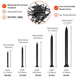 473 Pcs Black Concrete Nails Assortment Kit, 5 Sizes from 2/3 Inch to 1-1/2 Inch, Hardened Steel Masonry Nails for Concrete, Brick, Wall & Home Repair