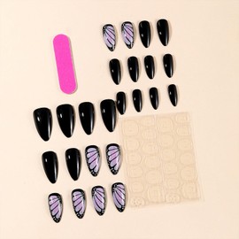 Vopintpy Purple Butterfly Wings Press on Nails Long Almond Fake Nails Black Solid Color Glossy Glue on Nails Acrylic Full Cover Stick on Nails for Women DIY Manicure Decor