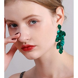 Just Follow Long Acrylic Rose Petal Earrings Dangle Exaggerated Flower Earrings Drop Statement Floral Tassel Earrings for Women (Dark Green)