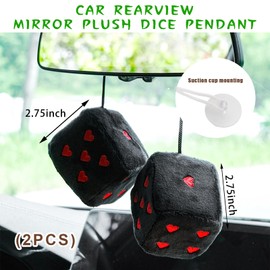 Dickno 2 PCS Fuzzy Plush Dice for Car Mirror, 3" Soft Retro Square Heart-Shape Rearview Mirror Ornament, Universal Interior Hanging Dice Decor Accessories for Women (Black & Red)