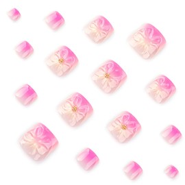 24 Pcs Ombre Purple French Press On Toenails YEFIUO Acrylic Pink Fake Toe Nails Press ons Nail Art with 3D Flower Charms Design Full Cover Glossy False Nails Glue on Toe Nails Stick on Nails for Ma'am
