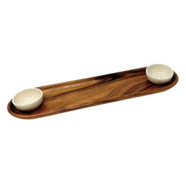Lipper International Acacia Wood Bread Board with 2 Ceramic Bowls for Serving Spreads, Dips, or Oils, 20" x 5" x 1"