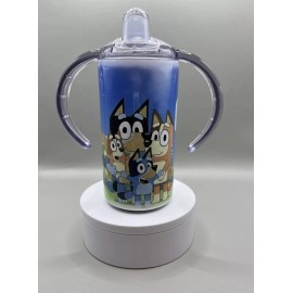 Handmade Bluey & Family Toddler or Kid Stainless Steel Tumbler w/ 2 Lids - 12oz - NEW