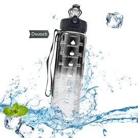 German Drinking Bottle, Drinking Bottle, 1 Litre with Straw and Motivational Time Marking, Tritan BPA Free Sports Water Bottle, Carrying Strap, Leak-Proof, Gym or Outdoor (Black and White)