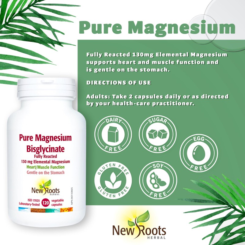 New Roots Herbal - Pure Magnesium Bisglycinate 130mg, 120 Capsules