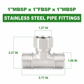 TAISHER 1 x 304 Stainless Steel 3-Way Top Flexible Movable Tee Connector, 1 MBSP x 1 Inch FBSP x 1 Inch MBSP for Sprayer, Angle Valve, Shower Arm