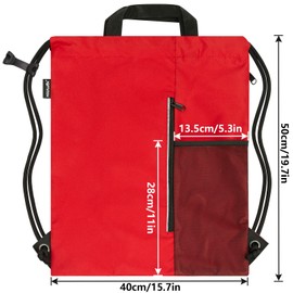 HOLYLUCK Drawstring Backpack Sports Gym Bag for Men Women Waterproof Cinch Sack with Two Zipper Pockets and Water Bottle Mesh Pockets (Red)