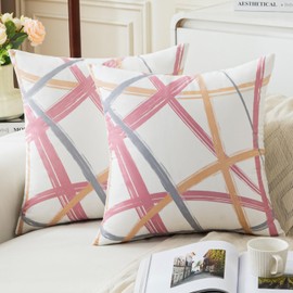 Jayusaror Pink Cushion Cover, 50 x 50 cm, Velvet Yellow Grey Cushion Covers, Soft Sofa Cushion, Geometric Decorative Cushion, Modern Cushion Cover for Living Room, Sofa, Bedroom Decor, Set of 2