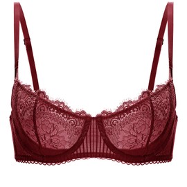 DOBREVA Women's Lace Balconette Bra Half Cup Non Padded Push Up Underwire Sheer Bras Dark Red 32C