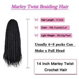 FFDDear 8 Packs Marley Hair 14 Inch Marley Twist Hair Afro Kinky Marley Braiding Hair Marley Hair for Woman Synthetic Marley Braiding Hair Extensions（14inch, 1B）