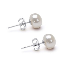 Freshwater Cultured Pearl Earrings Stud AA Graded 9mm White Stud Earrings for Women with 925 Sterling Silver Settings and Jewelry Gift Box - Orien Jewelry