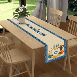 Linen Blue Happy Hanukkah Table Runner 72 Inches Long Hanukkah Tablecloth Hanukkah Decor Jewish Hanukkah Chanukah Table Decorations for Home