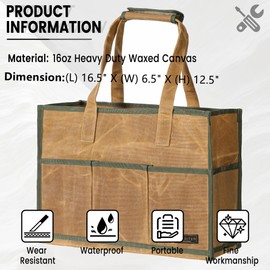 Heavy Duty 16OZ Waxed Canvas Wide Mouth Water-Resistant Tool Bag,Tool Tote with Handle for Tools,Wrenches,Screwdrivers (16.5 X 6.5X 12.5 inch) | Khaki